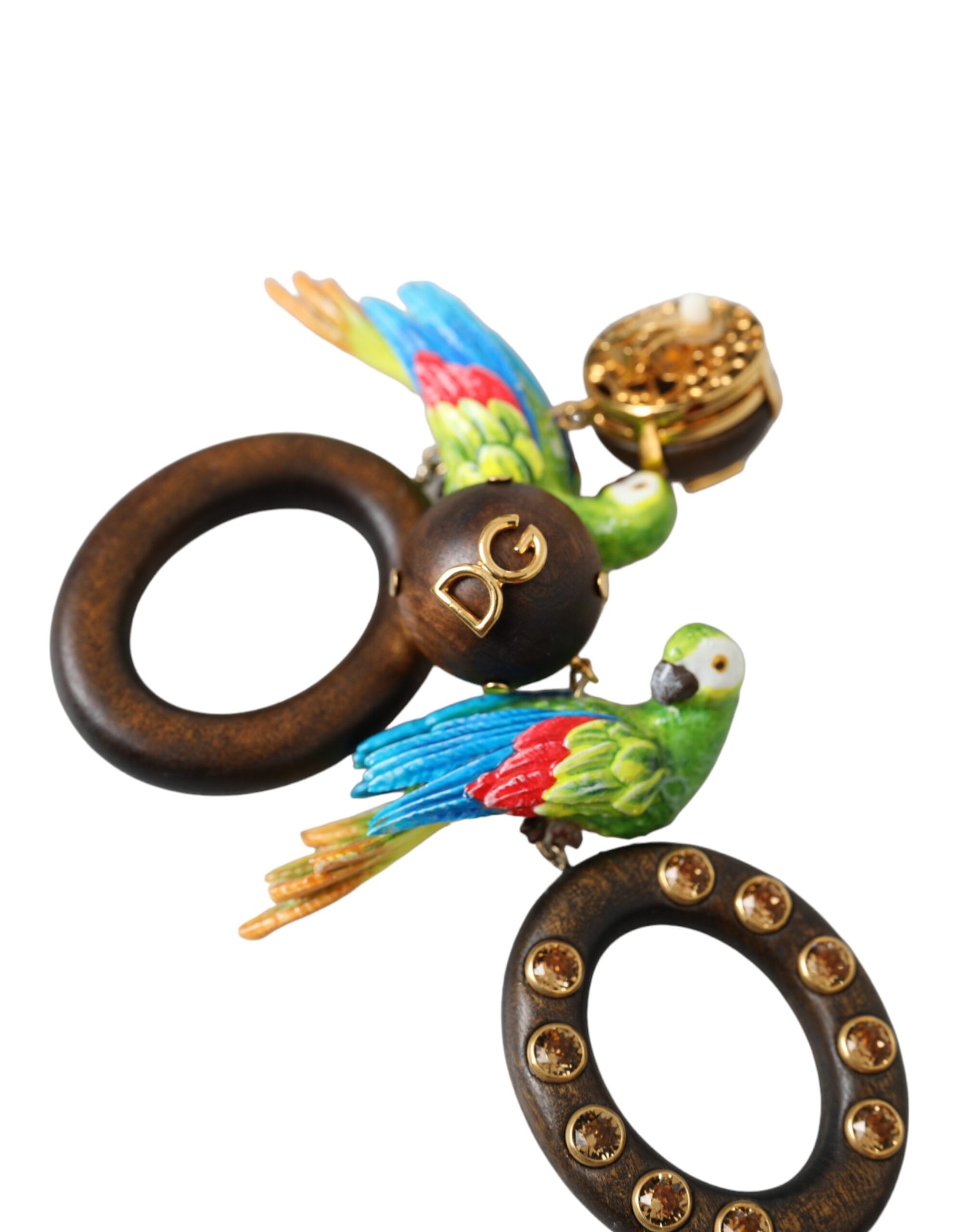 Boucles d'oreilles multicolores en forme de perroquet, ornées de cristal, en bois et en laiton.