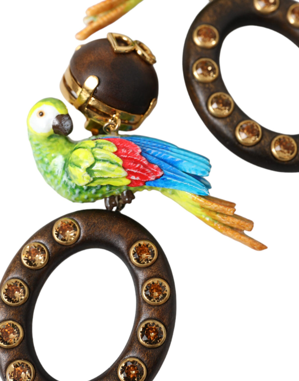Boucles d'oreilles multicolores en forme de perroquet, ornées de cristal, en bois et en laiton.