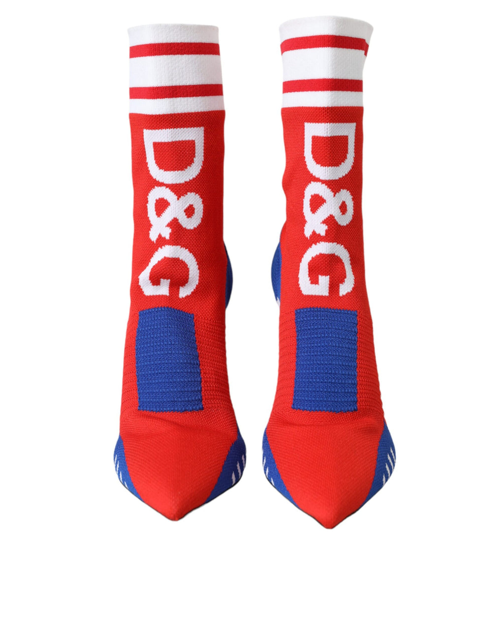 Bottes de cheville en forme de chaussettes extensibles rouges et bleues avec logo.