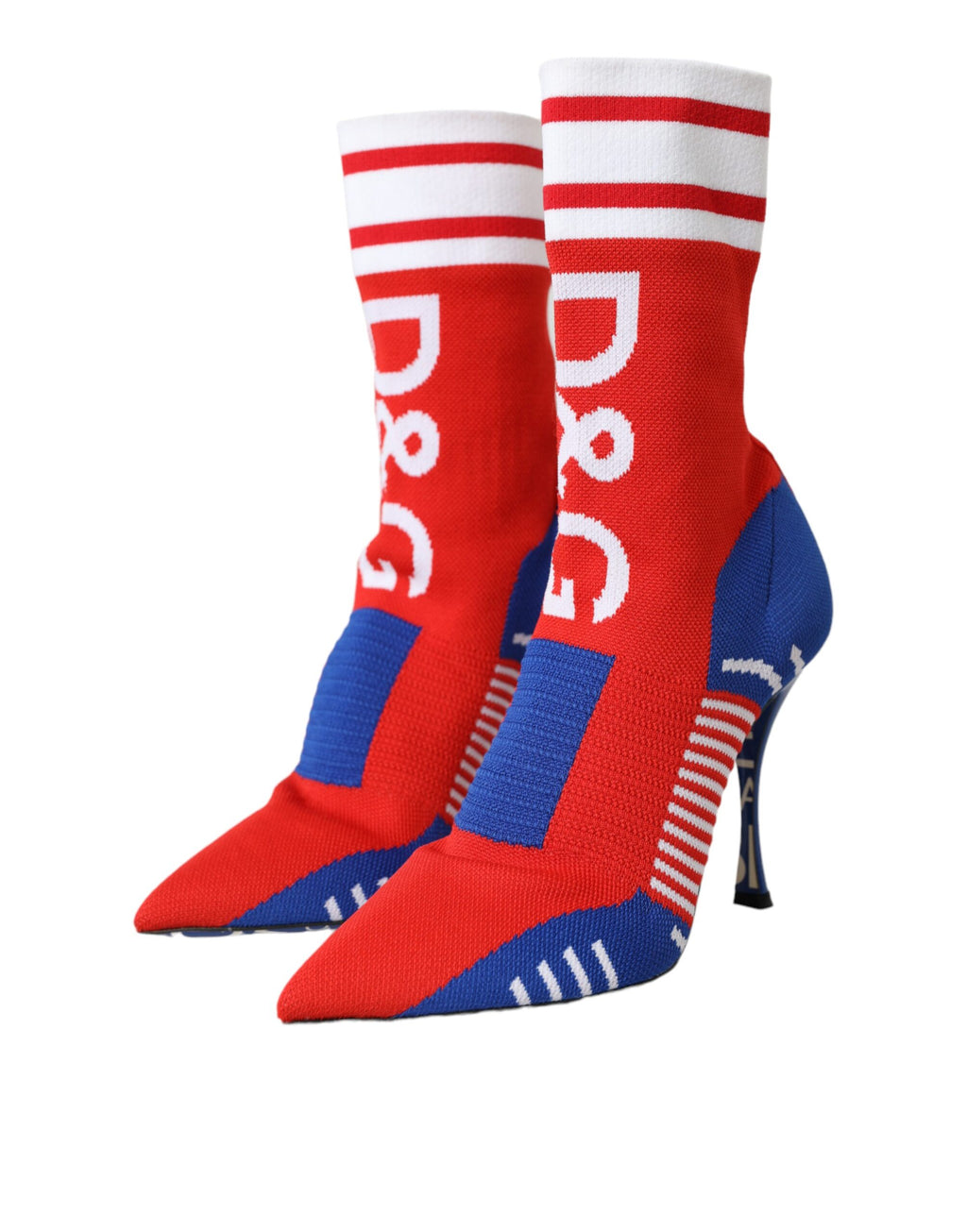 Bottes de cheville en forme de chaussettes extensibles rouges et bleues avec logo.
