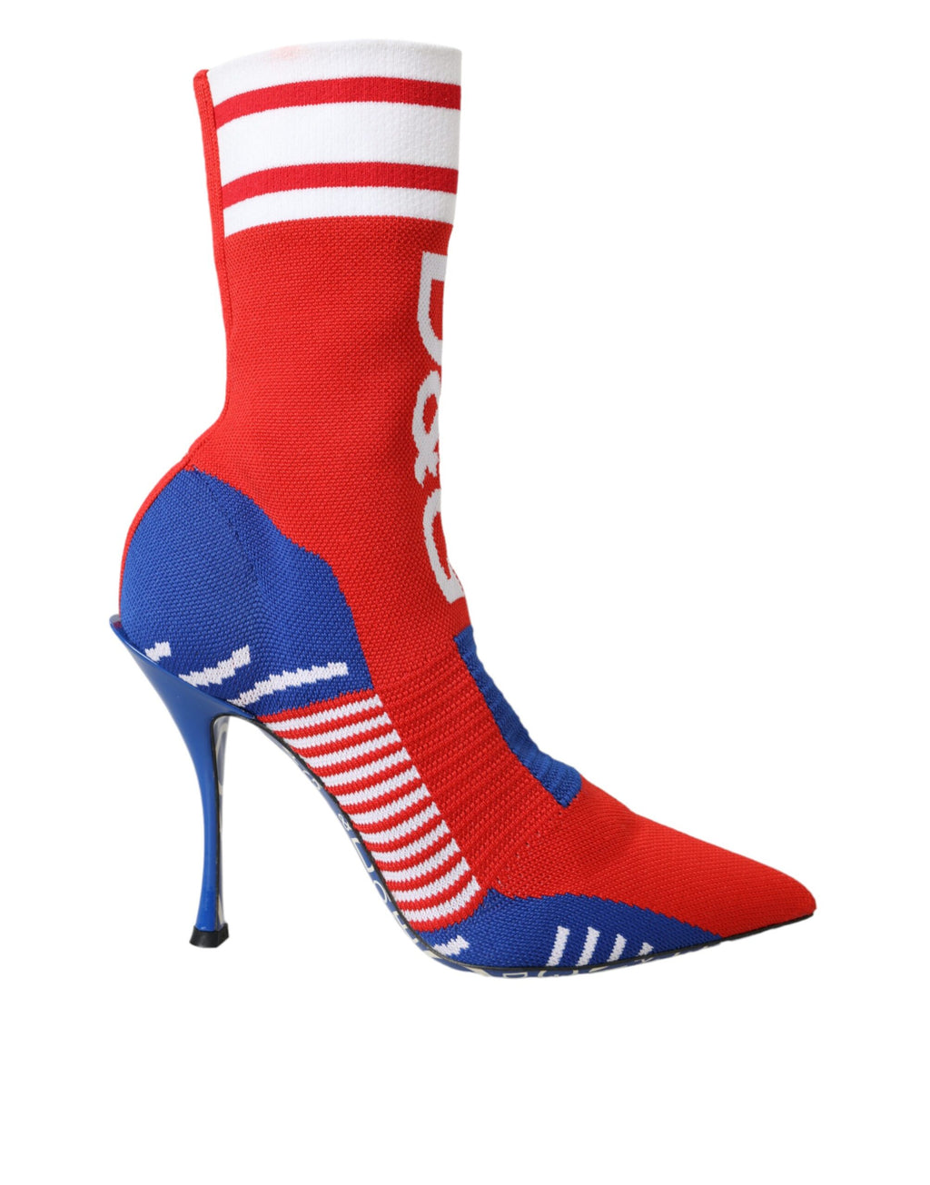 Bottes de cheville en forme de chaussettes extensibles rouges et bleues avec logo.