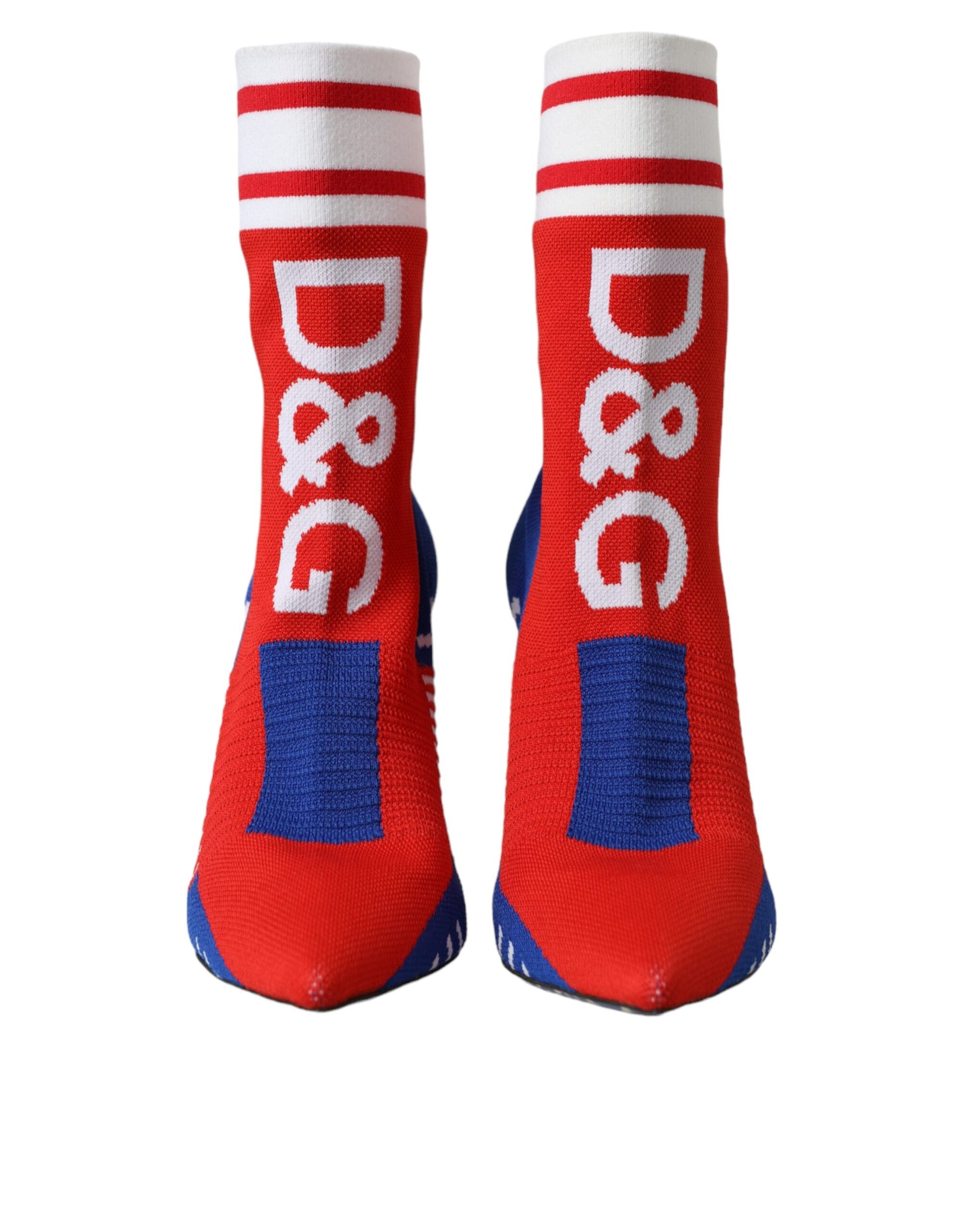 Bottes courtes en forme de chaussettes, rouges et bleues, extensibles, avec logo.