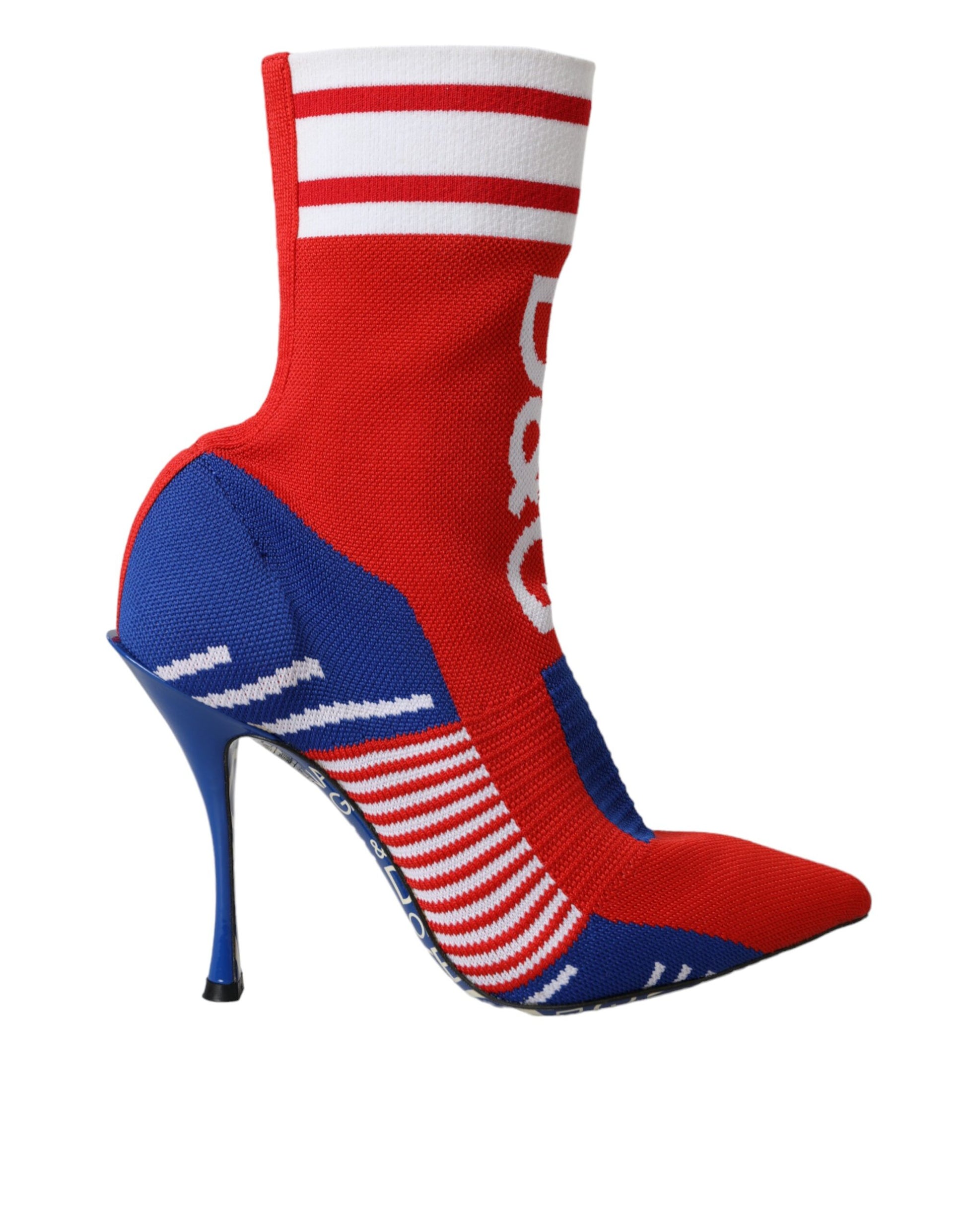 Bottes courtes en forme de chaussettes, rouges et bleues, extensibles, avec logo.