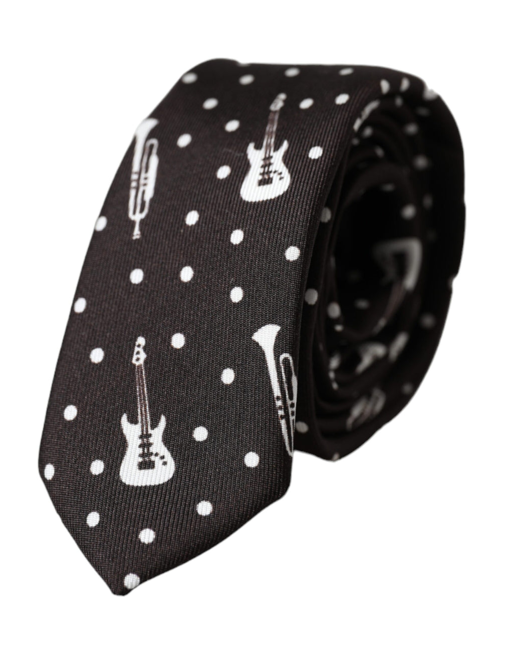 Cravate en soie noire à imprimé guitare, réglable.
