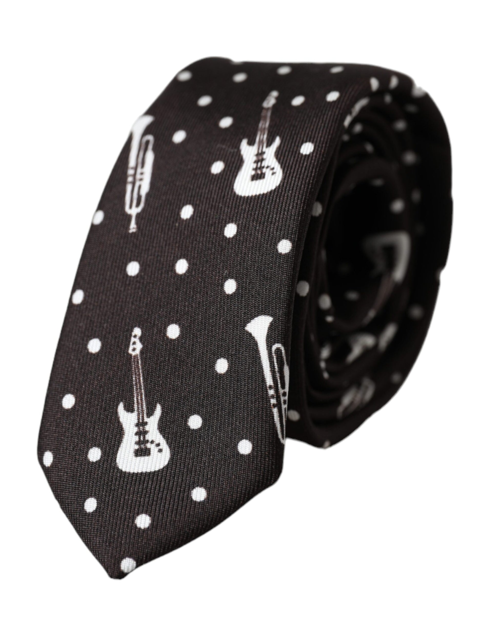 Cravate en soie noire à imprimé guitare, réglable.