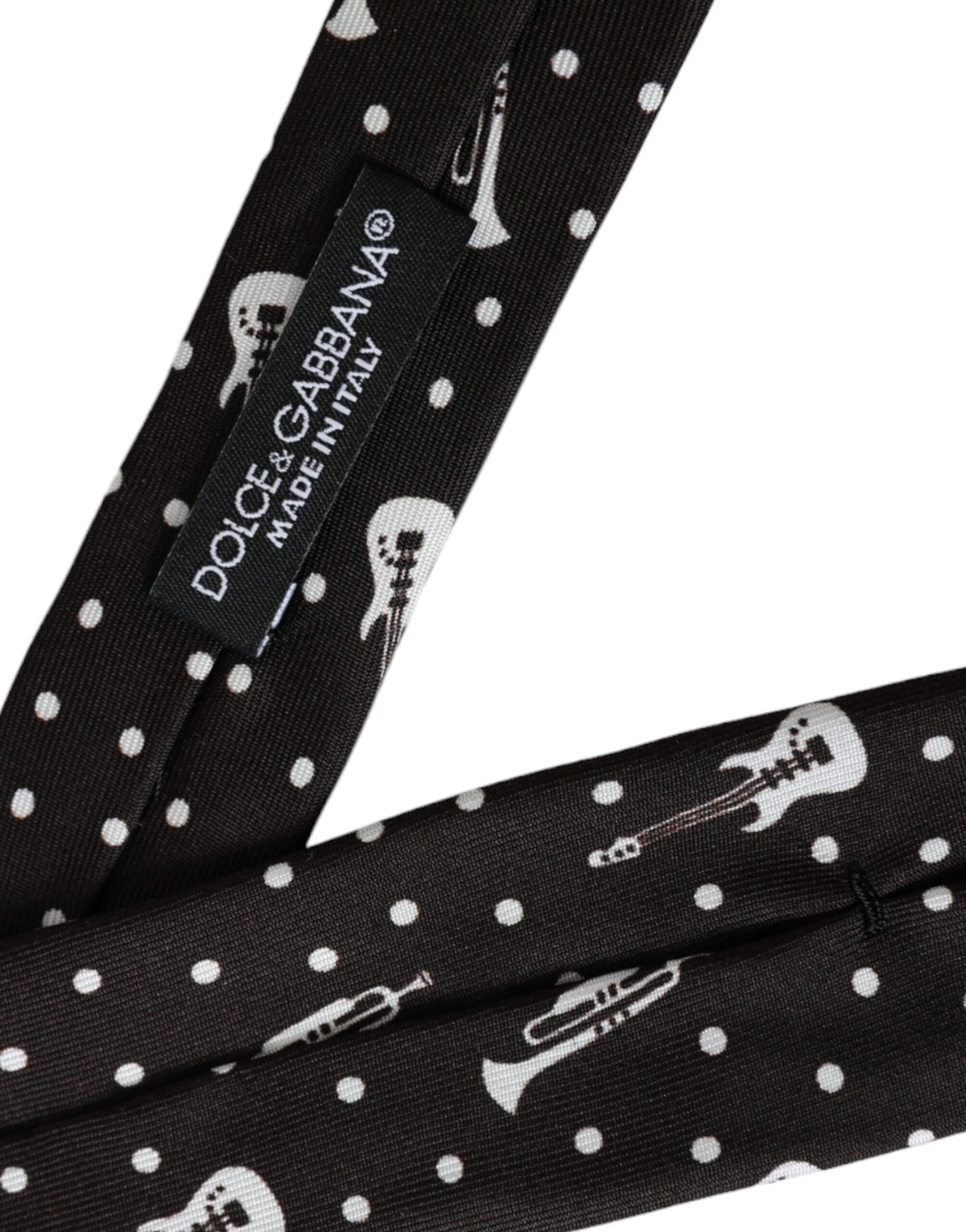 Cravate en soie noire à imprimé guitare, réglable.