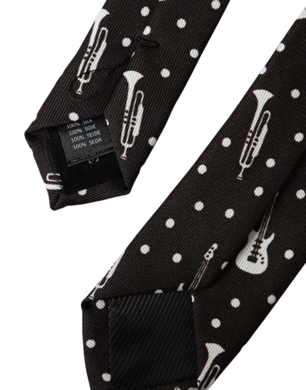 Cravate en soie noire à imprimé guitare, réglable.