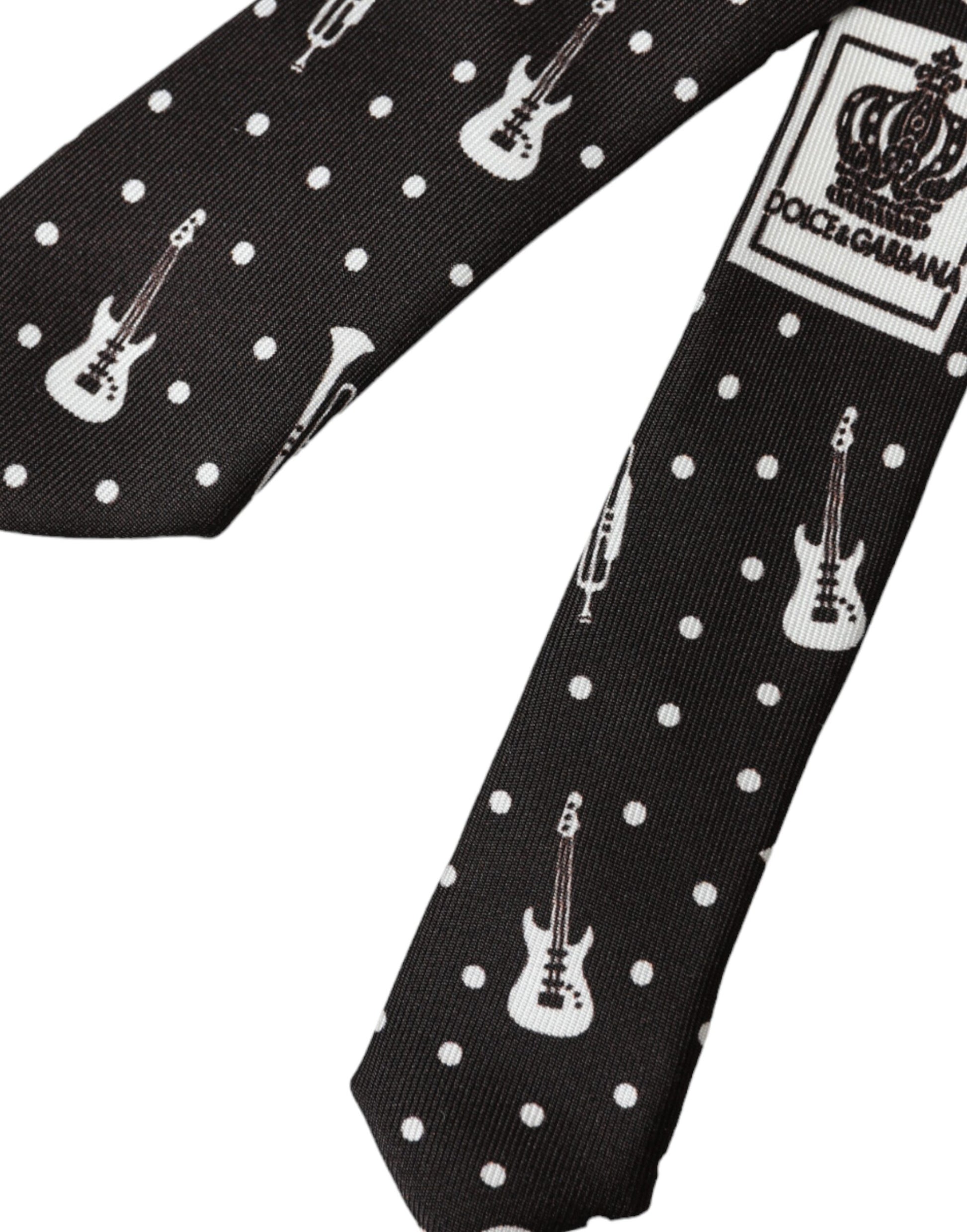 Cravate en soie noire à imprimé guitare, réglable.