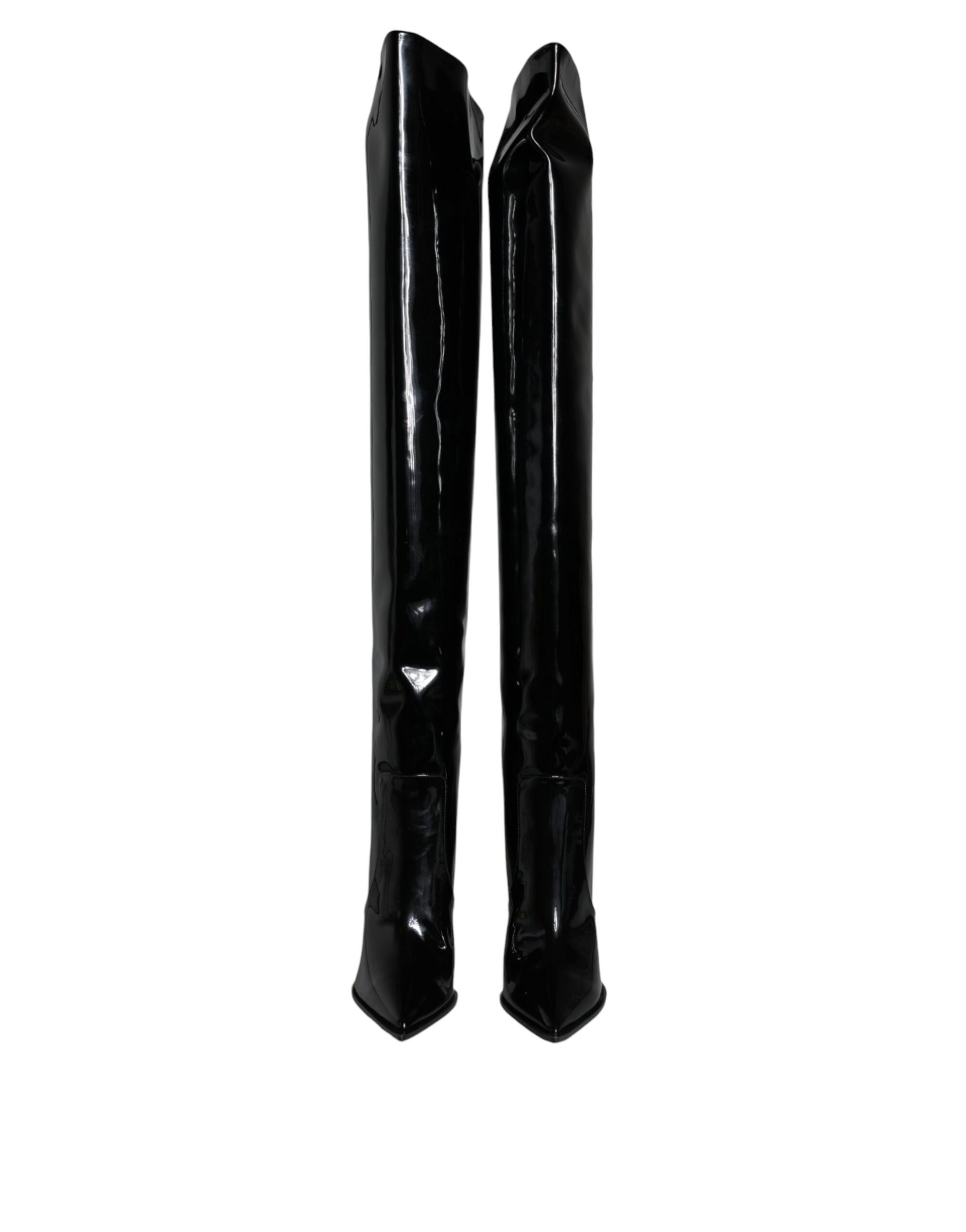Bottines hautes au genou en cuir verni noir