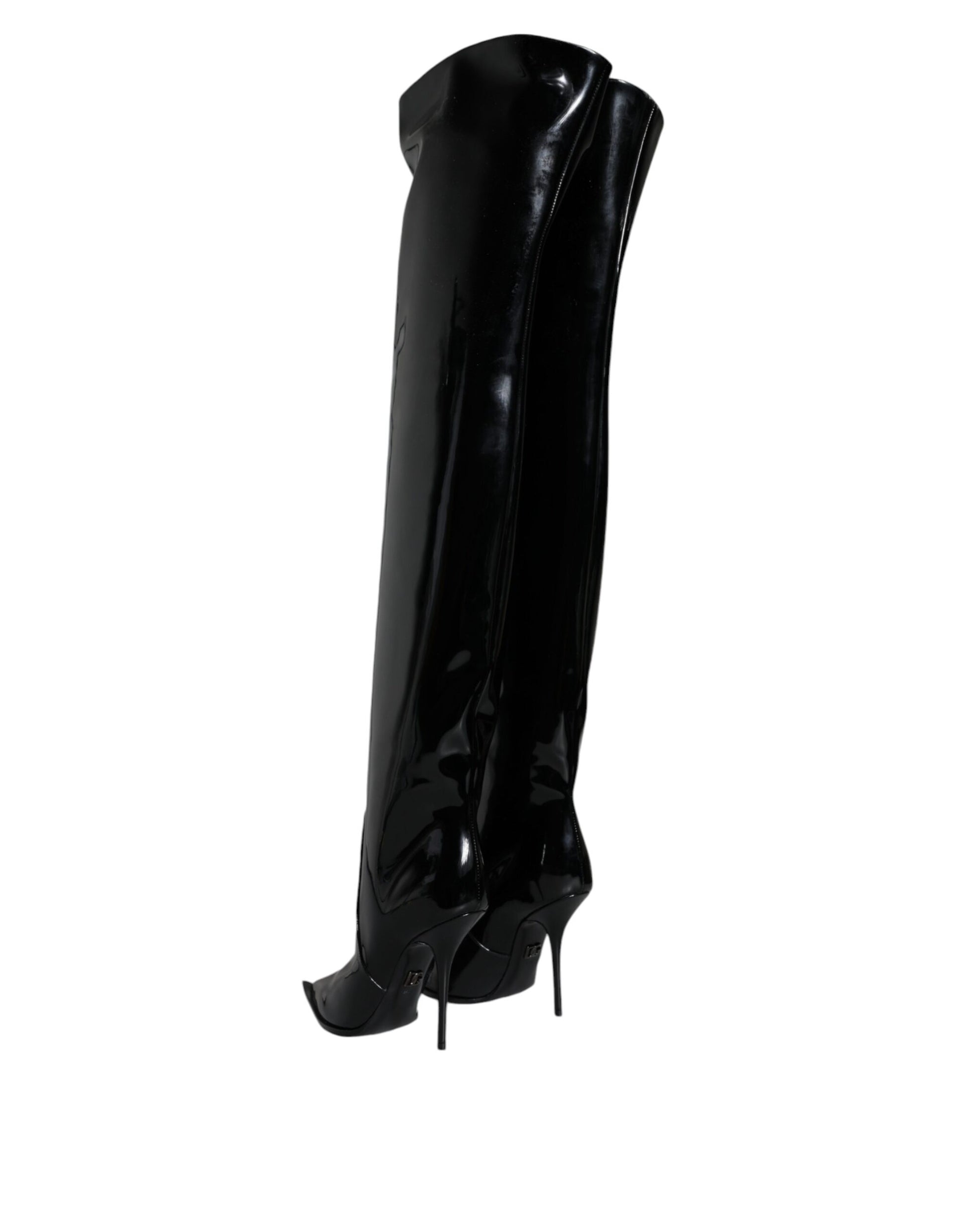 Bottines hautes au genou en cuir verni noir