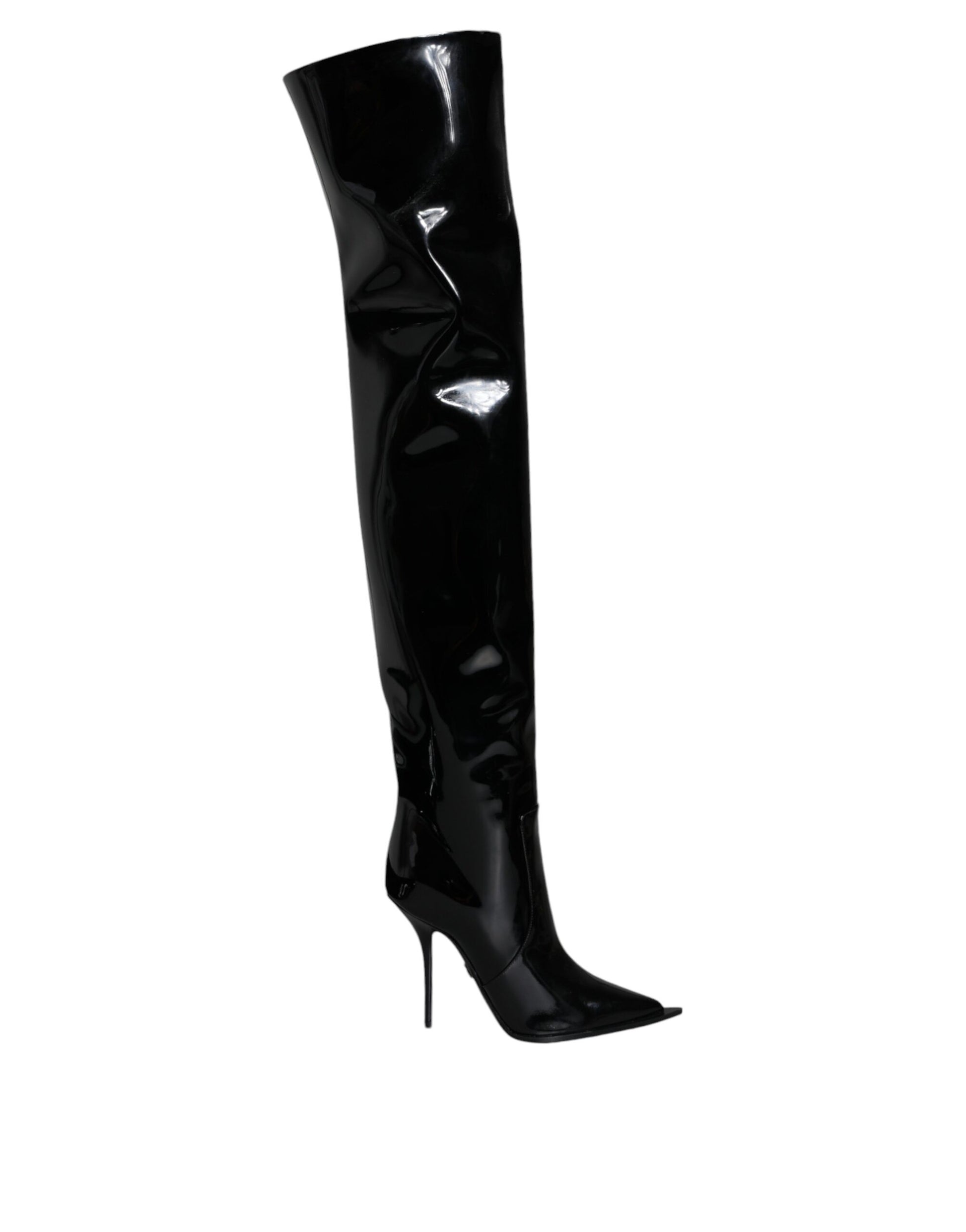 Bottines hautes au genou en cuir verni noir