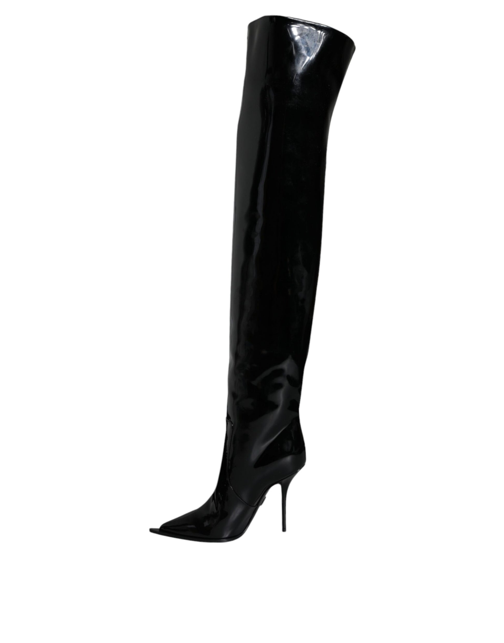 Bottines hautes au genou en cuir verni noir