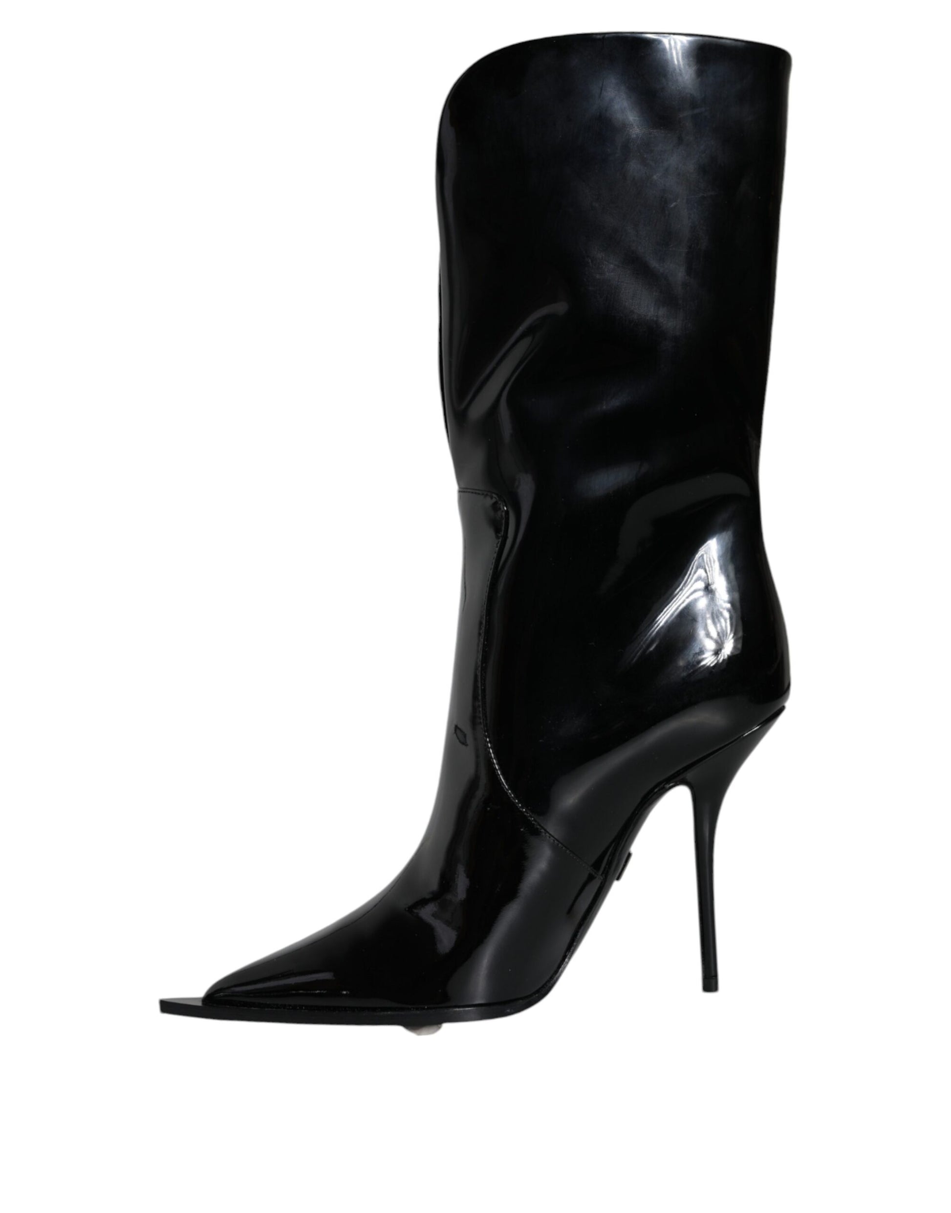 Bottines mi-mollet en cuir verni noir