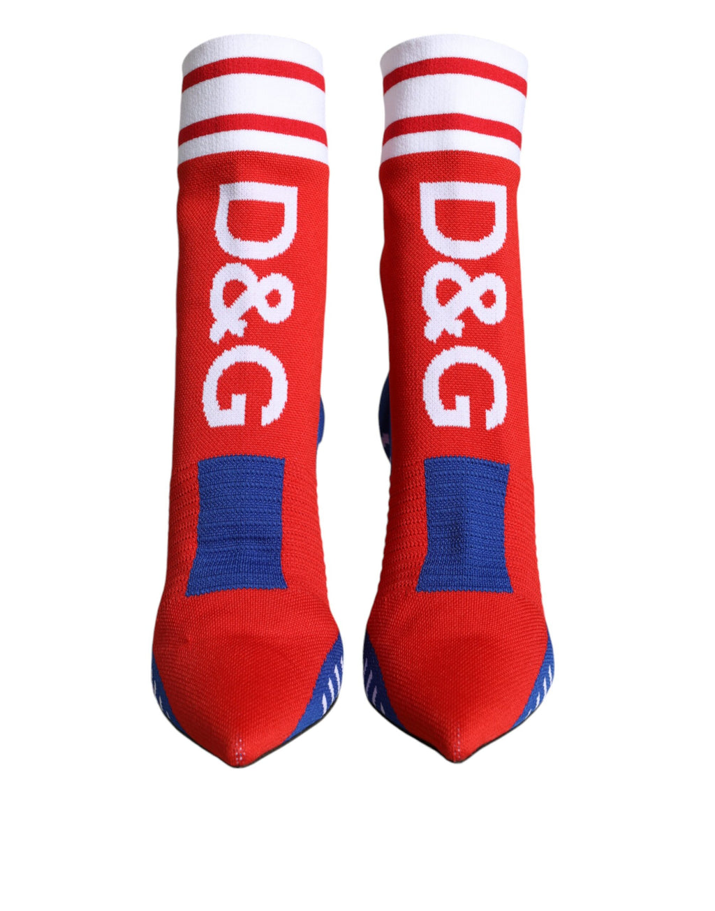 Bottes de cheville en forme de chaussettes extensibles rouges et bleues avec logo.