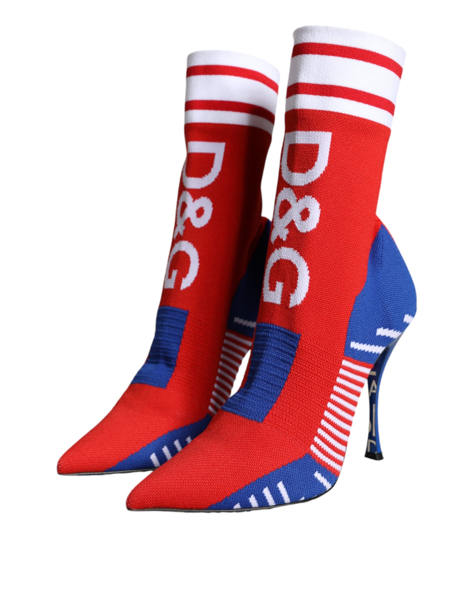 Bottes de cheville en forme de chaussettes extensibles rouges et bleues avec logo.