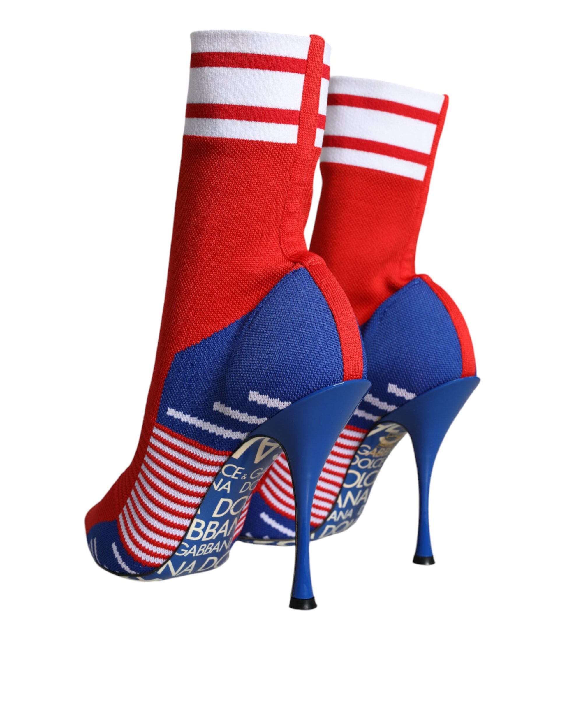 Bottes de cheville en forme de chaussettes extensibles rouges et bleues avec logo.