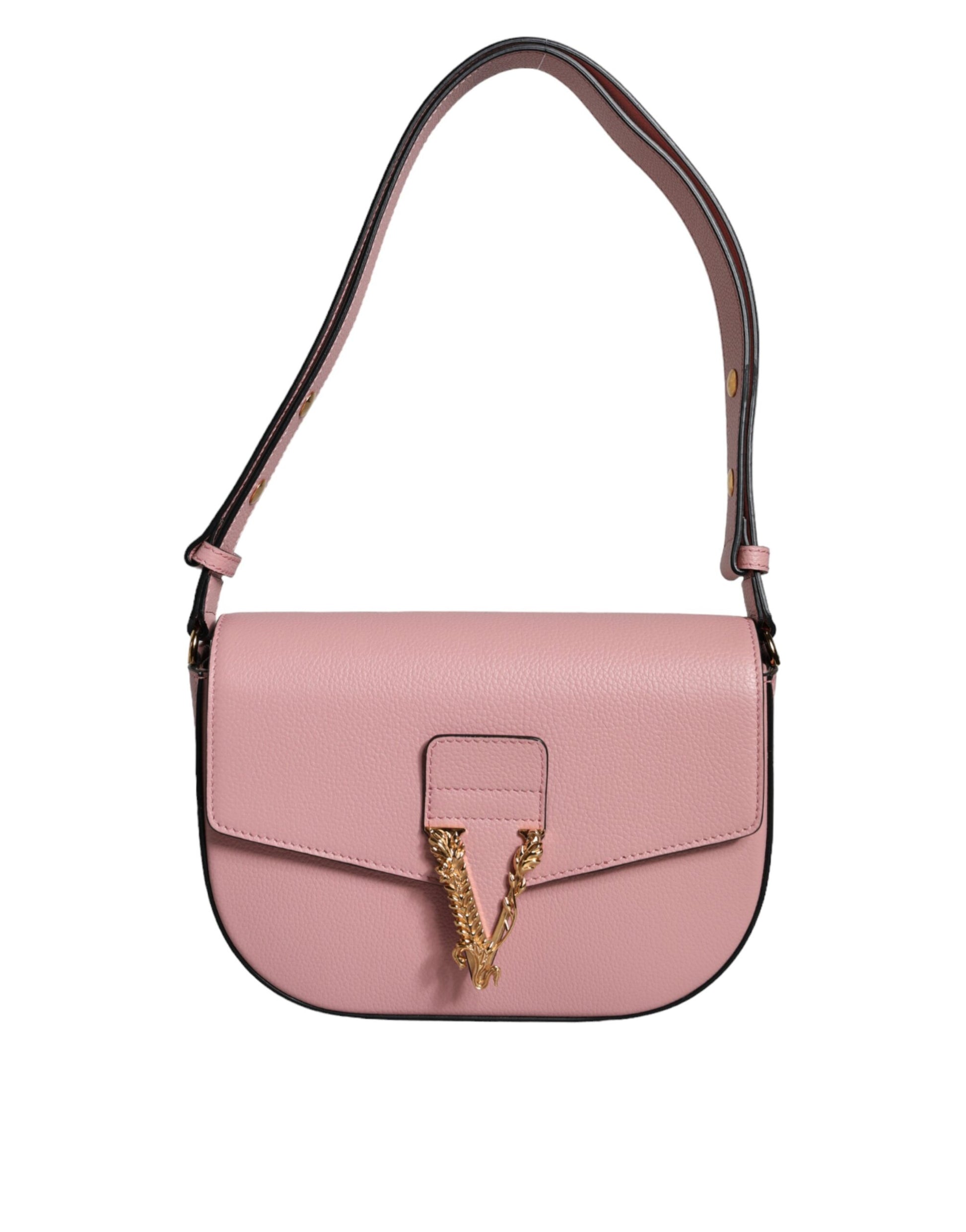 Sac bandoulière à logo en cuir de veau grainé rose.