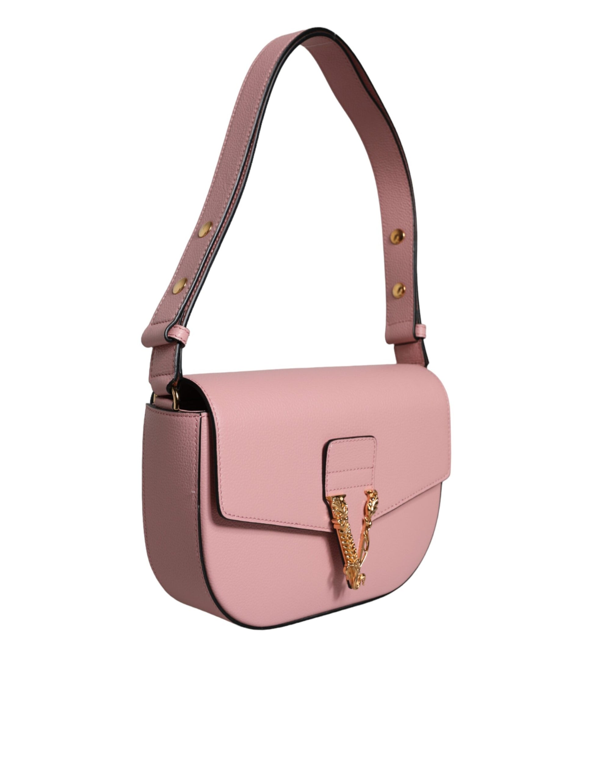 Sac bandoulière à logo en cuir de veau grainé rose.