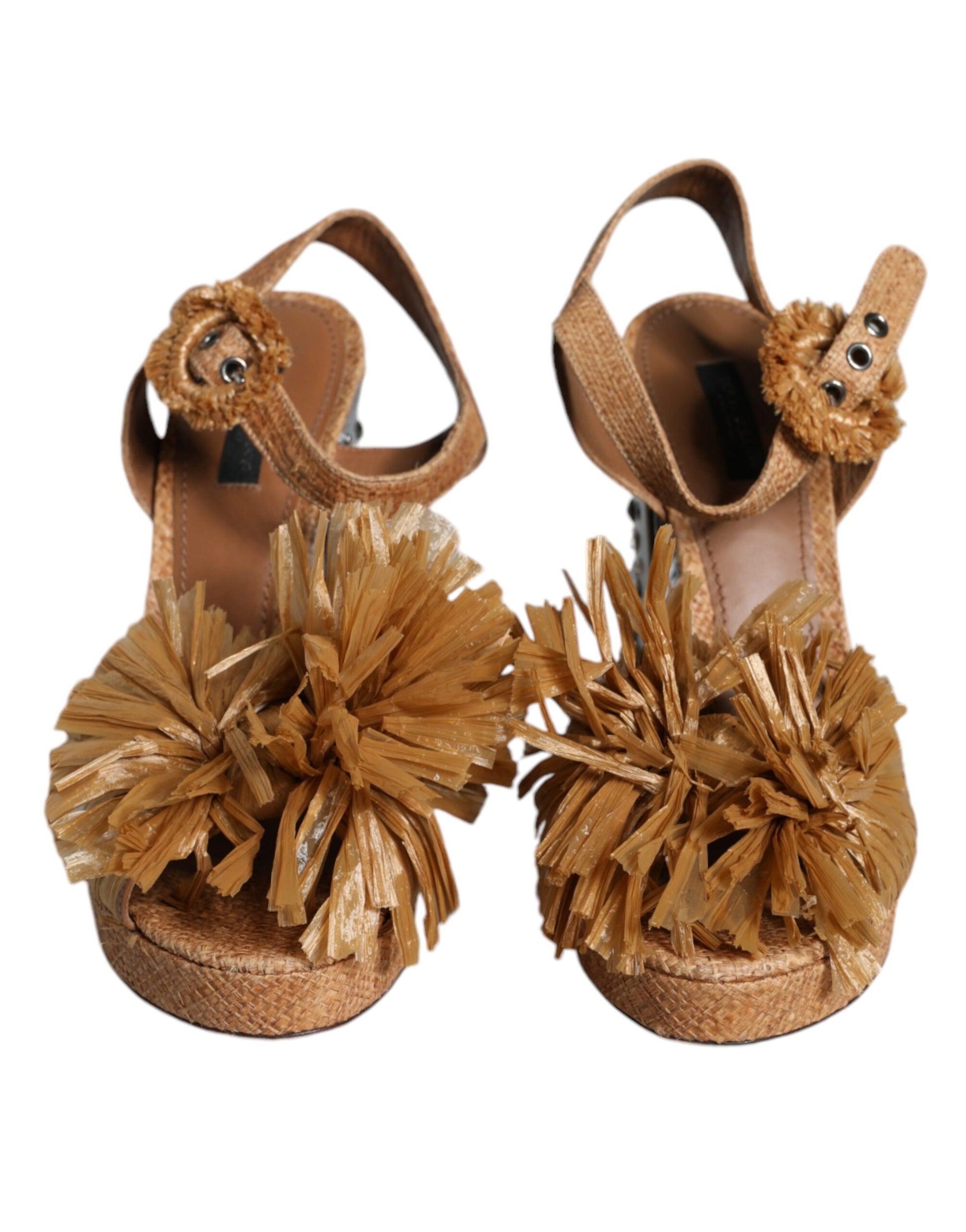 Sandales à talon en cristal avec bride de cheville en raffia marron