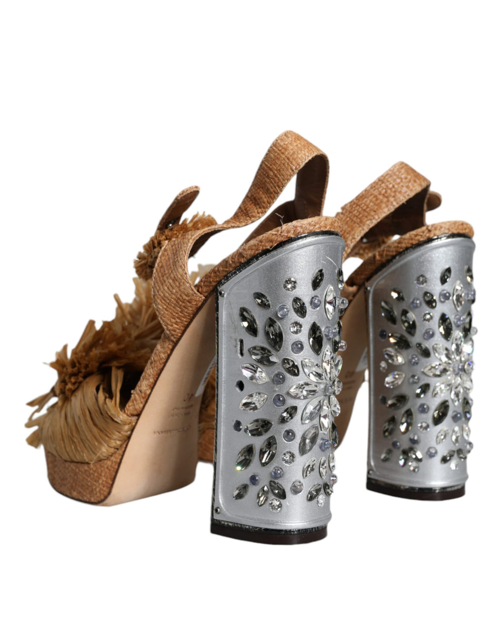 Sandales à talon en cristal avec bride de cheville en raffia marron