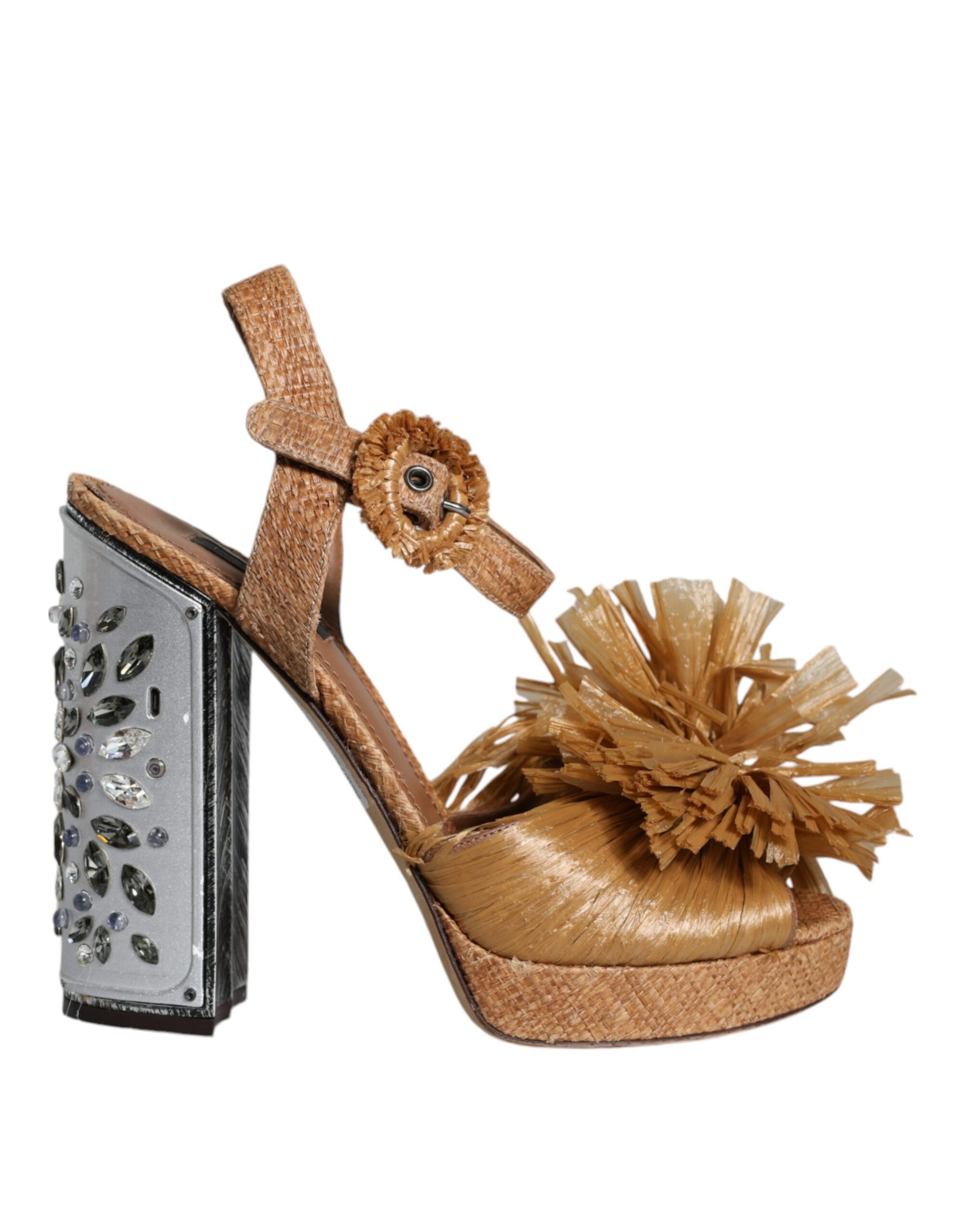 Sandales à talon en cristal avec bride de cheville en raffia marron