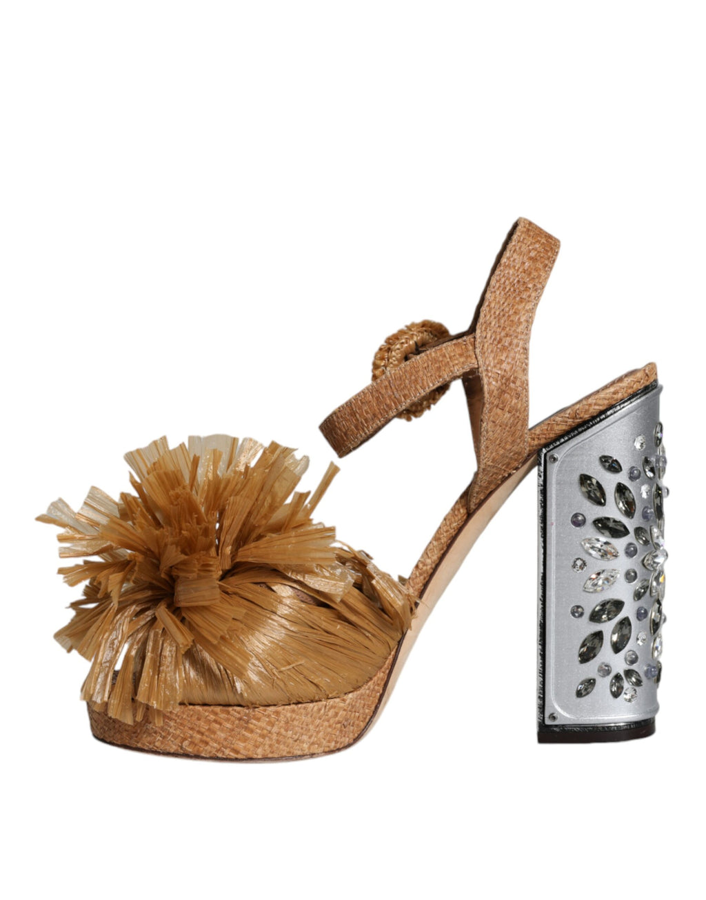 Sandales à talon en cristal avec bride de cheville en raffia marron