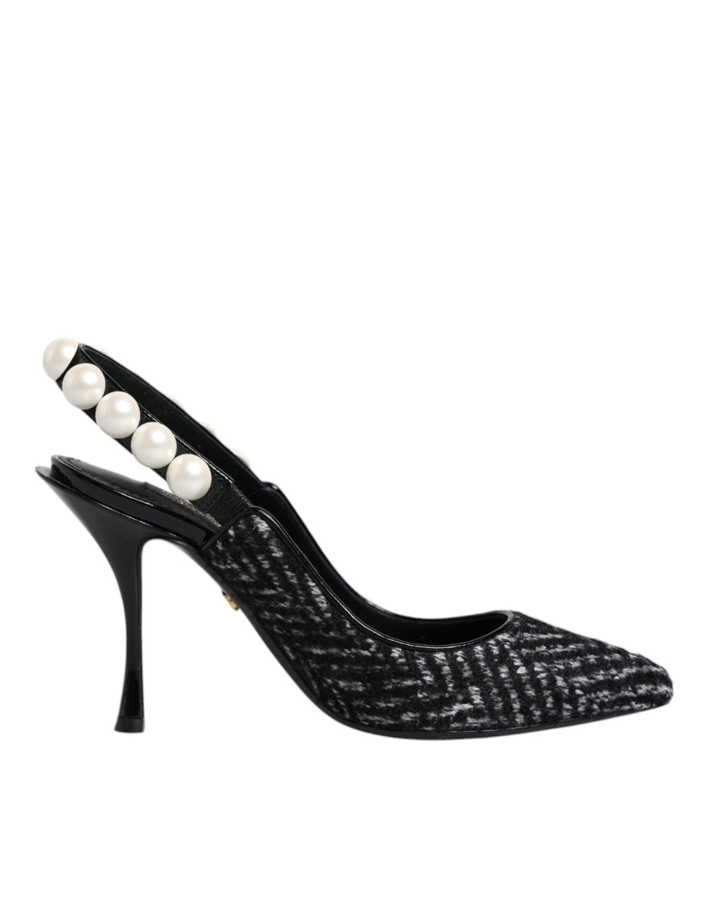 Escarpins à bout ouvert en faux cuir avec motif chevron blanc et noir et perles factices.