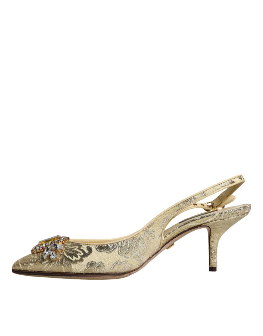 Escarpins, talons aiguilles et sandales à bout ouvert en cristal doré.