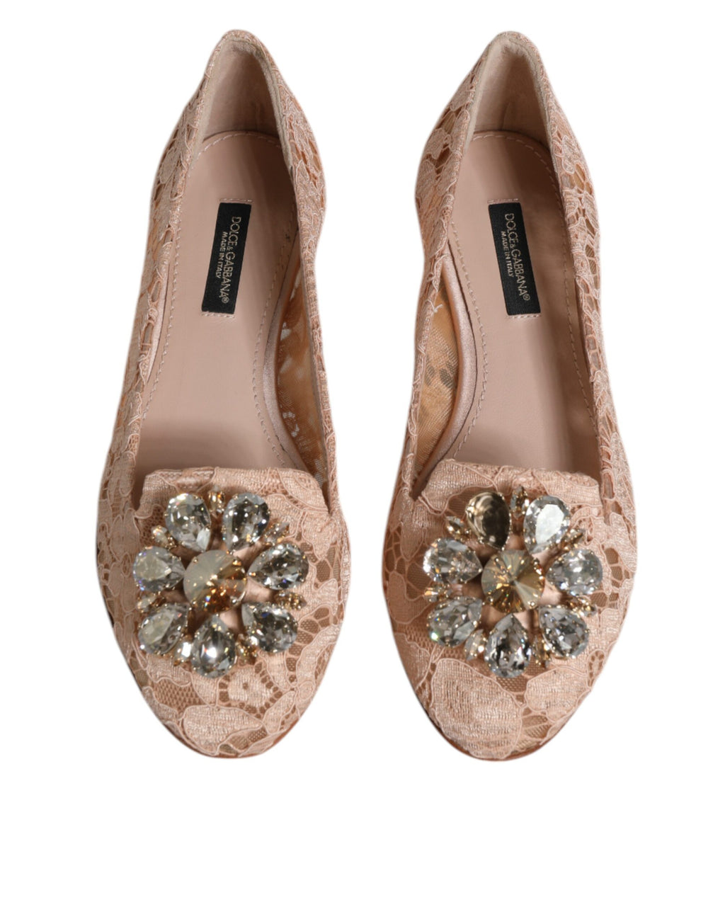 Boutures plates ballerines en dentelle beige avec cristaux