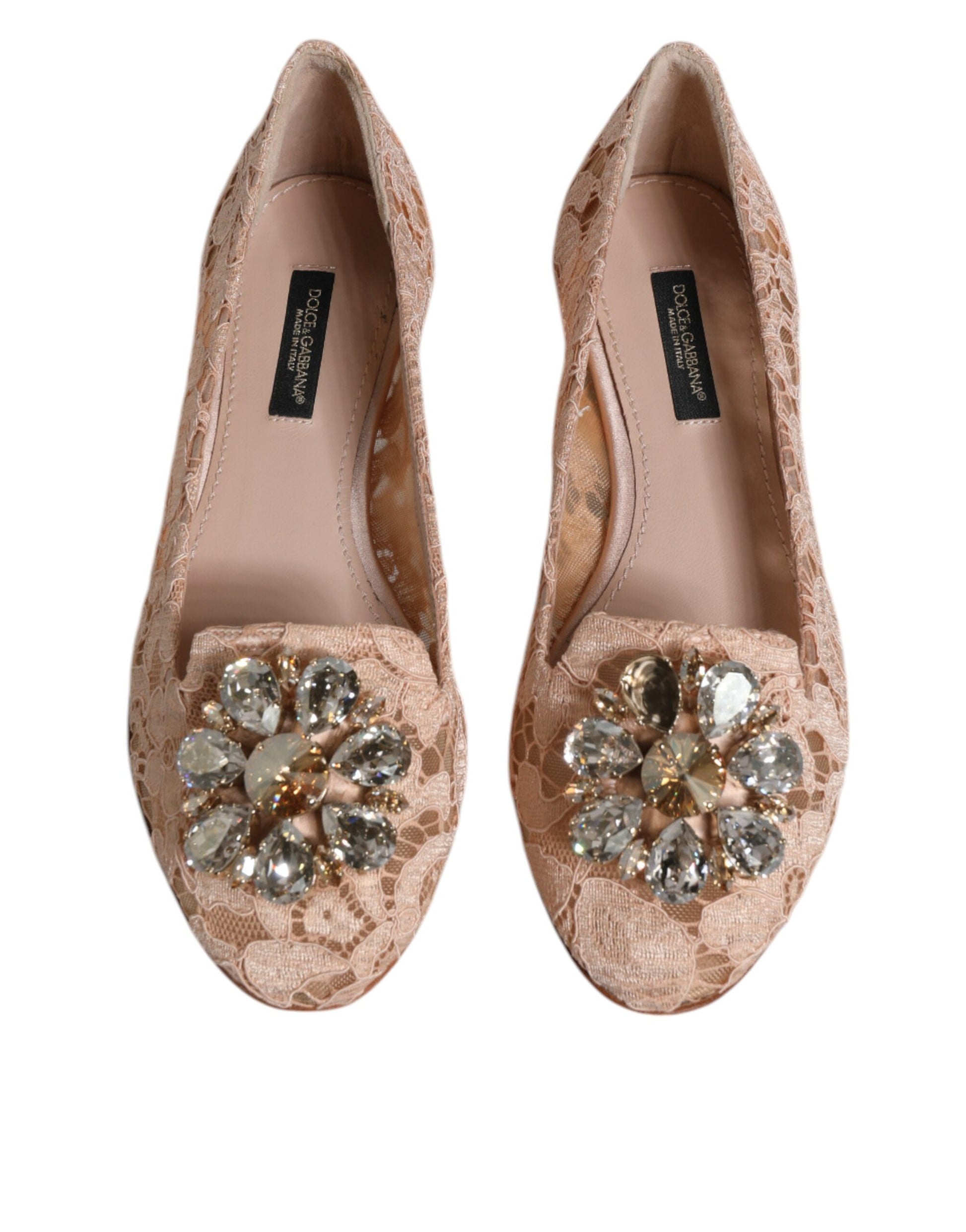 Boutures plates ballerines en dentelle beige avec cristaux