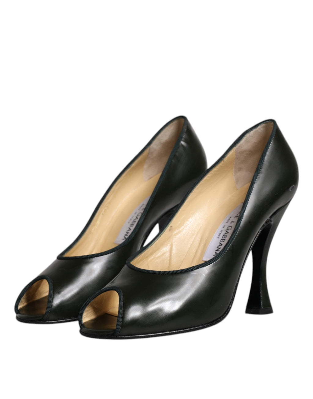 Escarpins à talons hauts en cuir vert à bout ouvert