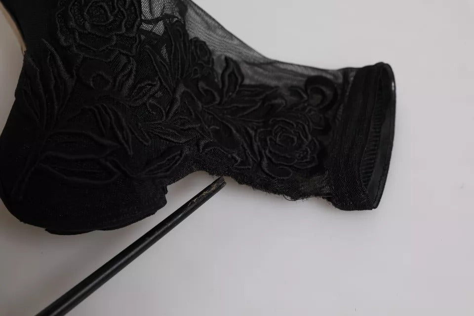 Bottines mi-mollet en tulle noir extensible avec talons