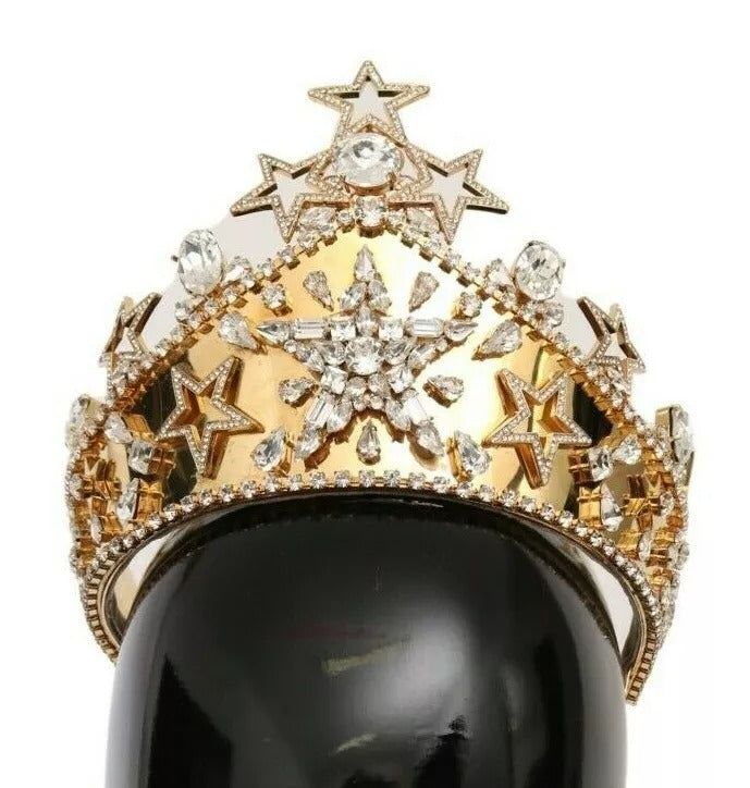 Couronne, diadème, logo en strass, cristal doré, étoile.