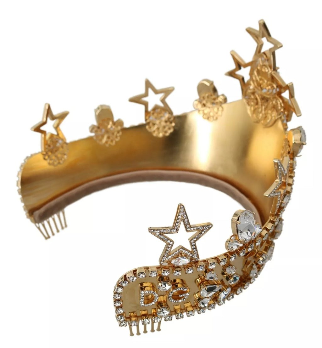 Couronne, diadème, logo en strass, cristal doré, étoile.