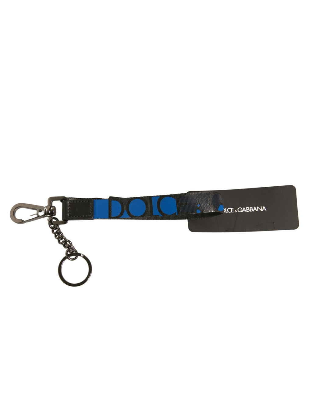 Porte-clés en polyester bleu avec logo, support en laiton argenté.