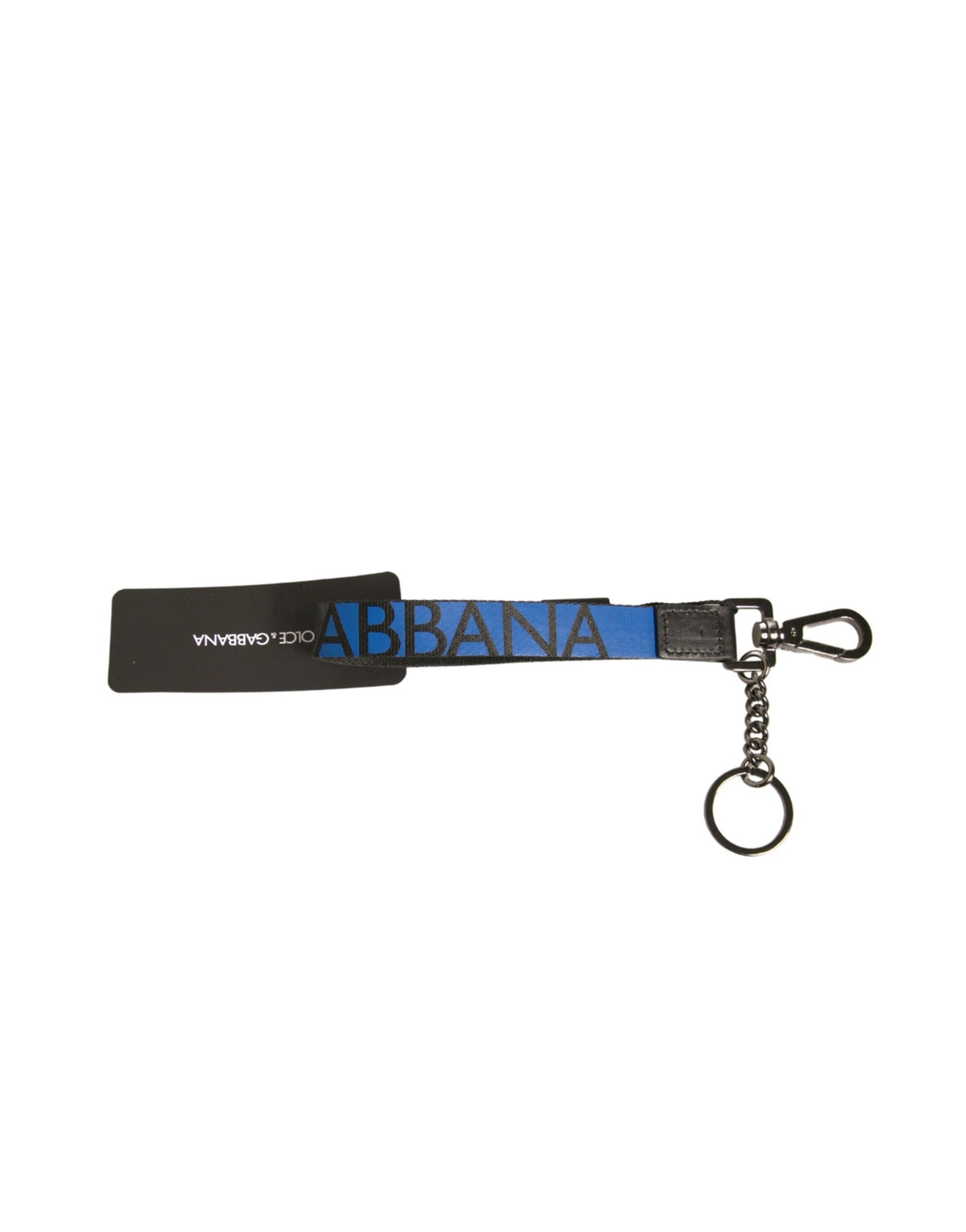 Porte-clés en polyester bleu avec logo, support en laiton argenté.