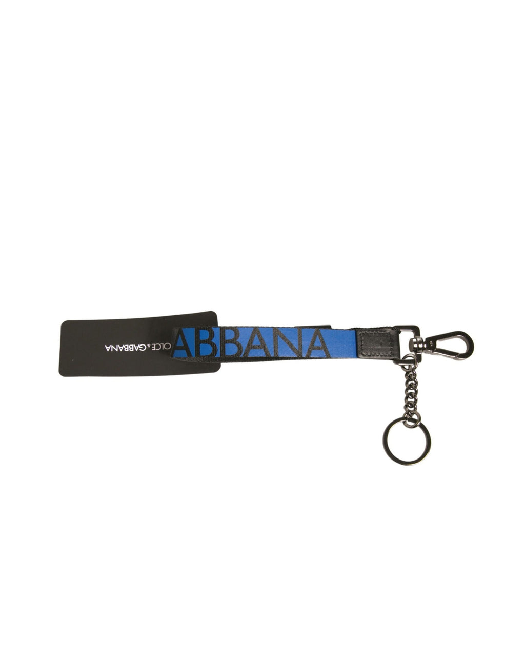 Porte-clés en polyester bleu avec logo, support en laiton argenté.