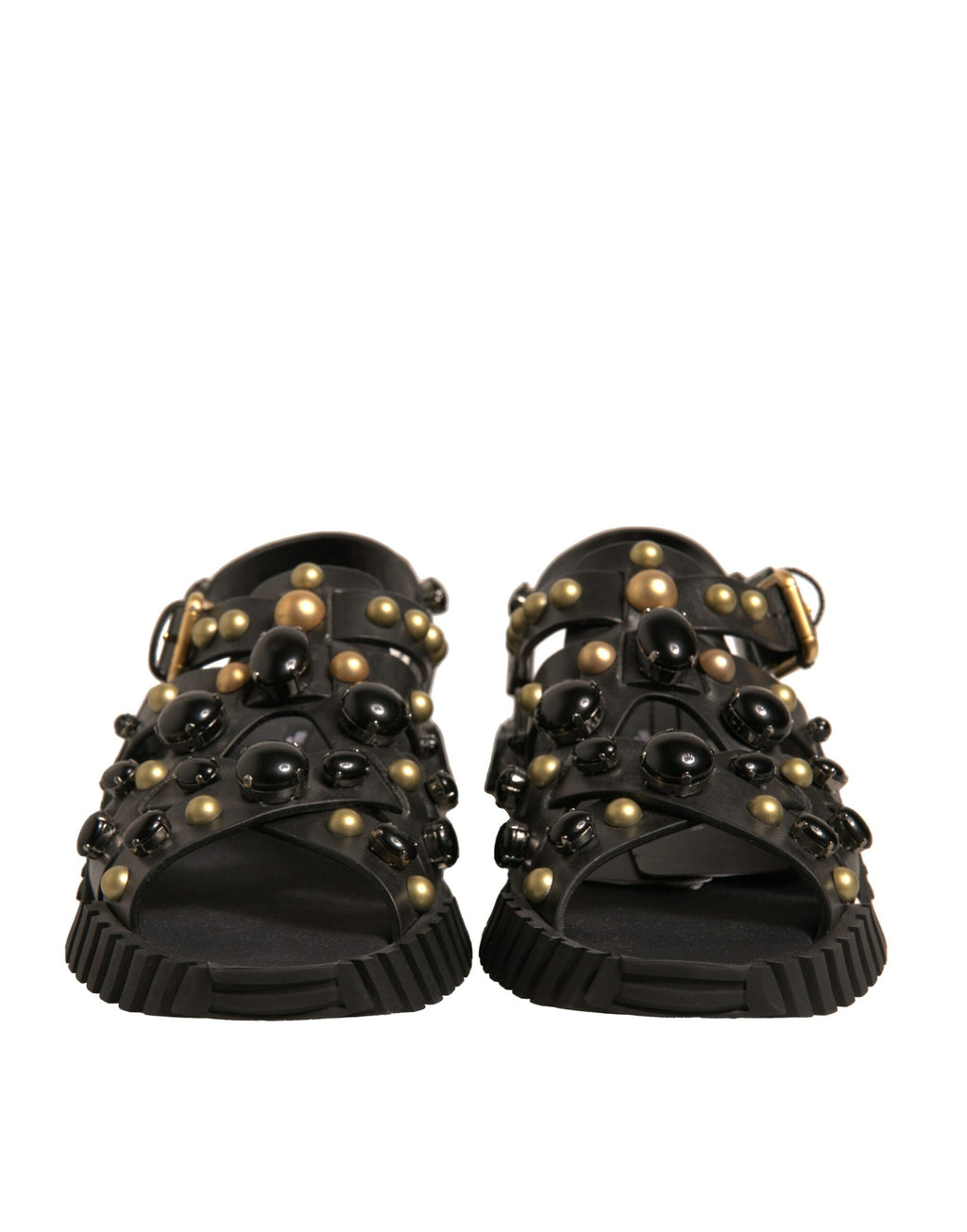 Sandales compensées en cuir noir avec clous
