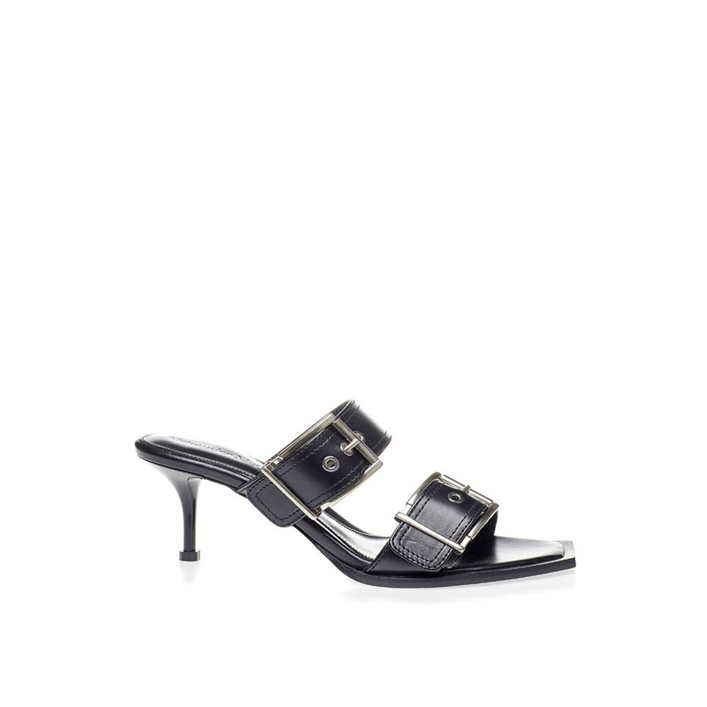 Black Leather Stiletto Heel Sandals