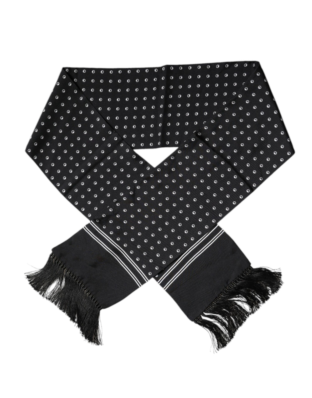 Écharpe fine en soie à pois noirs et blancs avec franges.