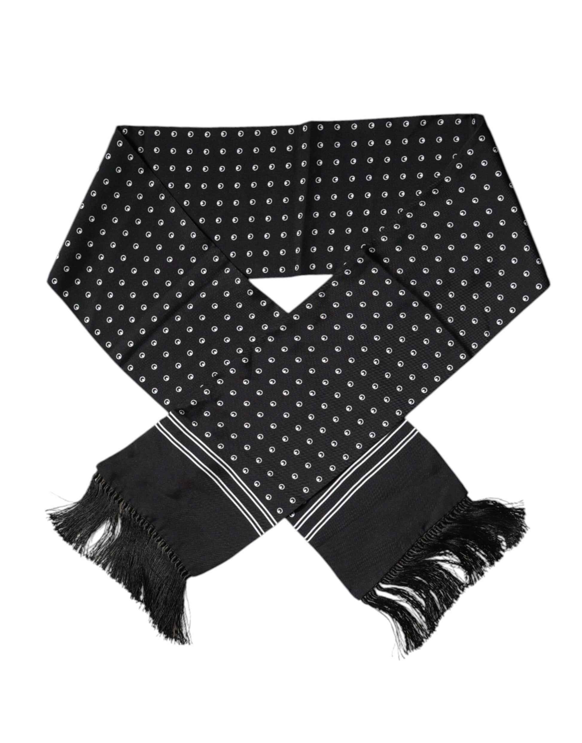 Écharpe fine en soie à pois noirs et blancs avec franges.