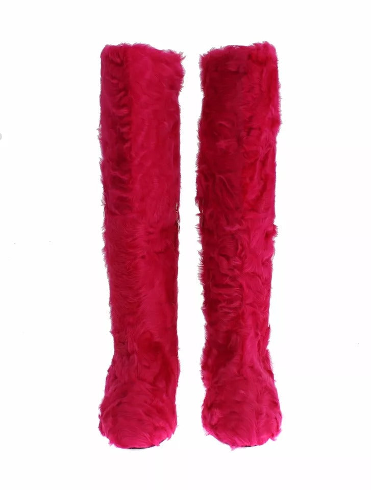Pink Lamb Fur Leather Flat Boots Shoes
