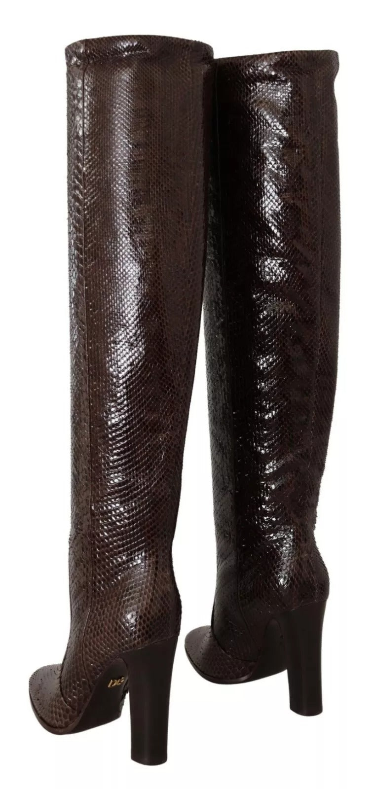 Bottines hautes en cuir exotique marron à talons hauts