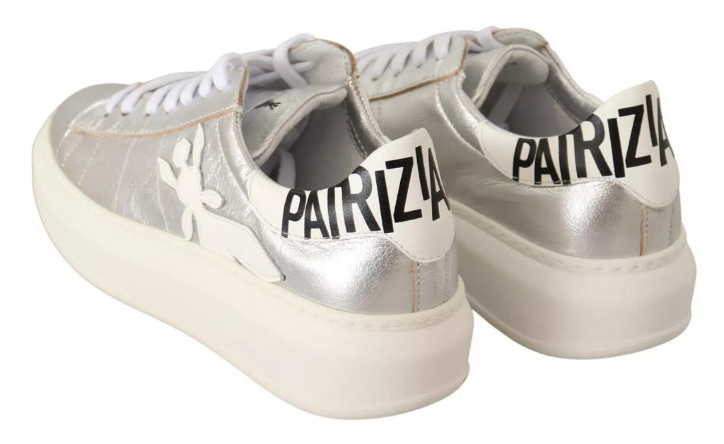 Silver Full Grain Leather Lace Up Sneakers Shoes