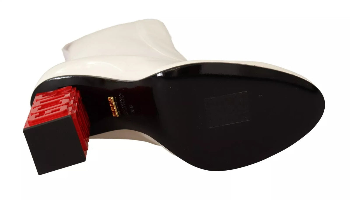 White Leather Fabric Red Logo Heel Ankle Boots Shoes