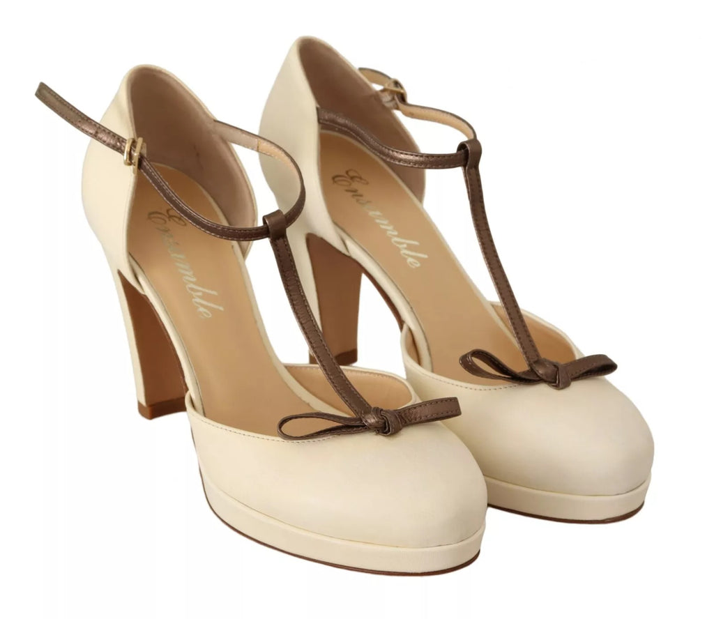 Off White Leather T-Strap Heels Sandals Shoes