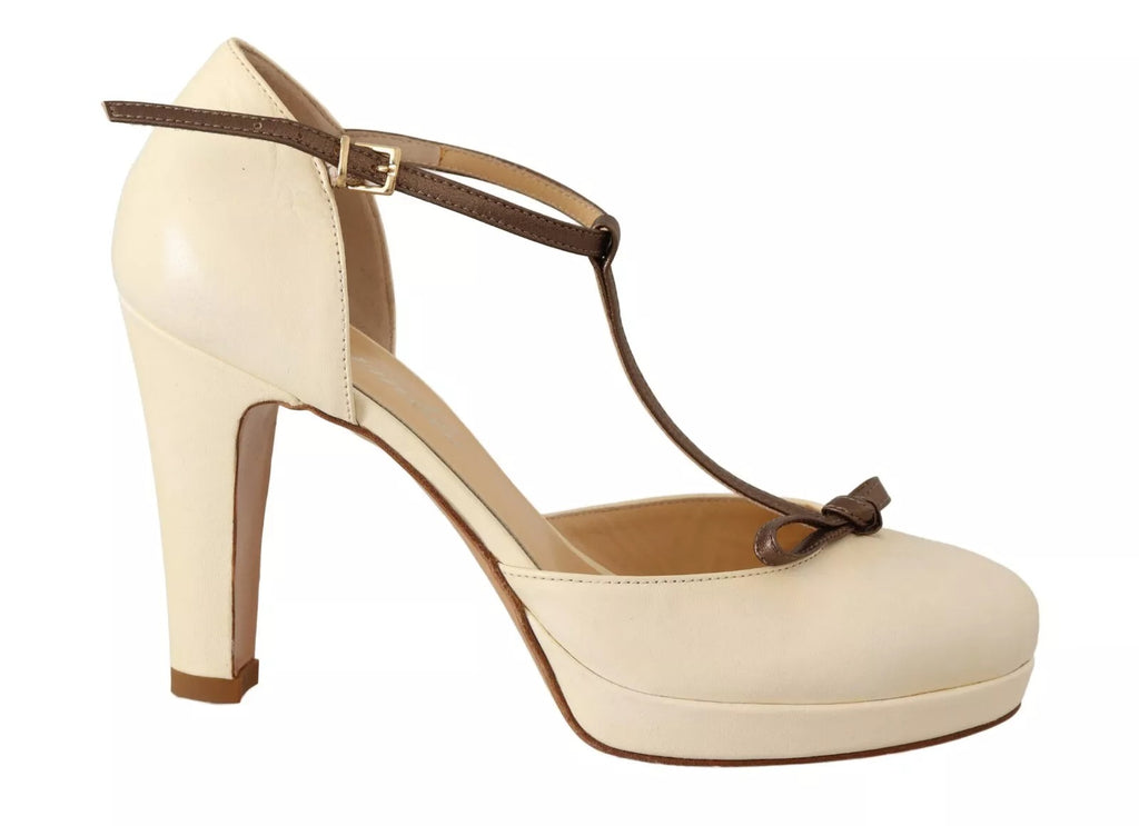 Off White Leather T-Strap Heels Sandals Shoes