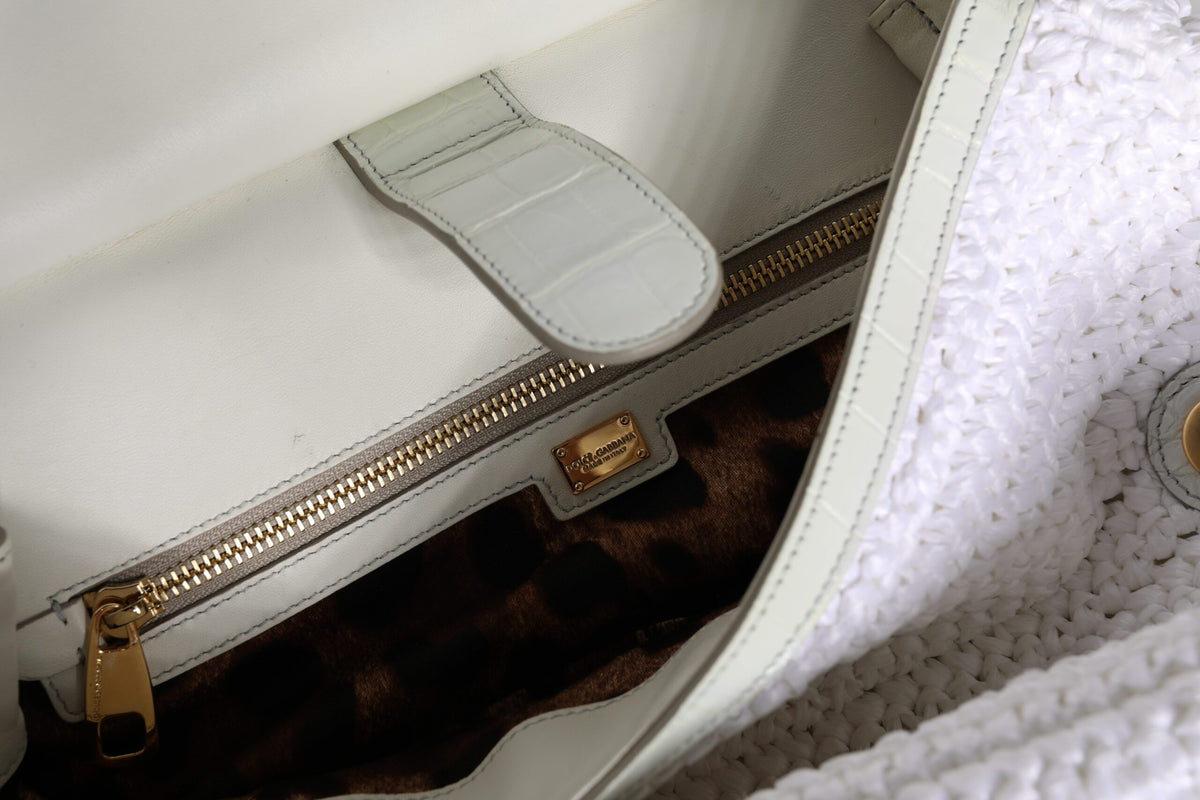 Sac à main bandoulière en cuir blanc et raffia avec poignée supérieure
