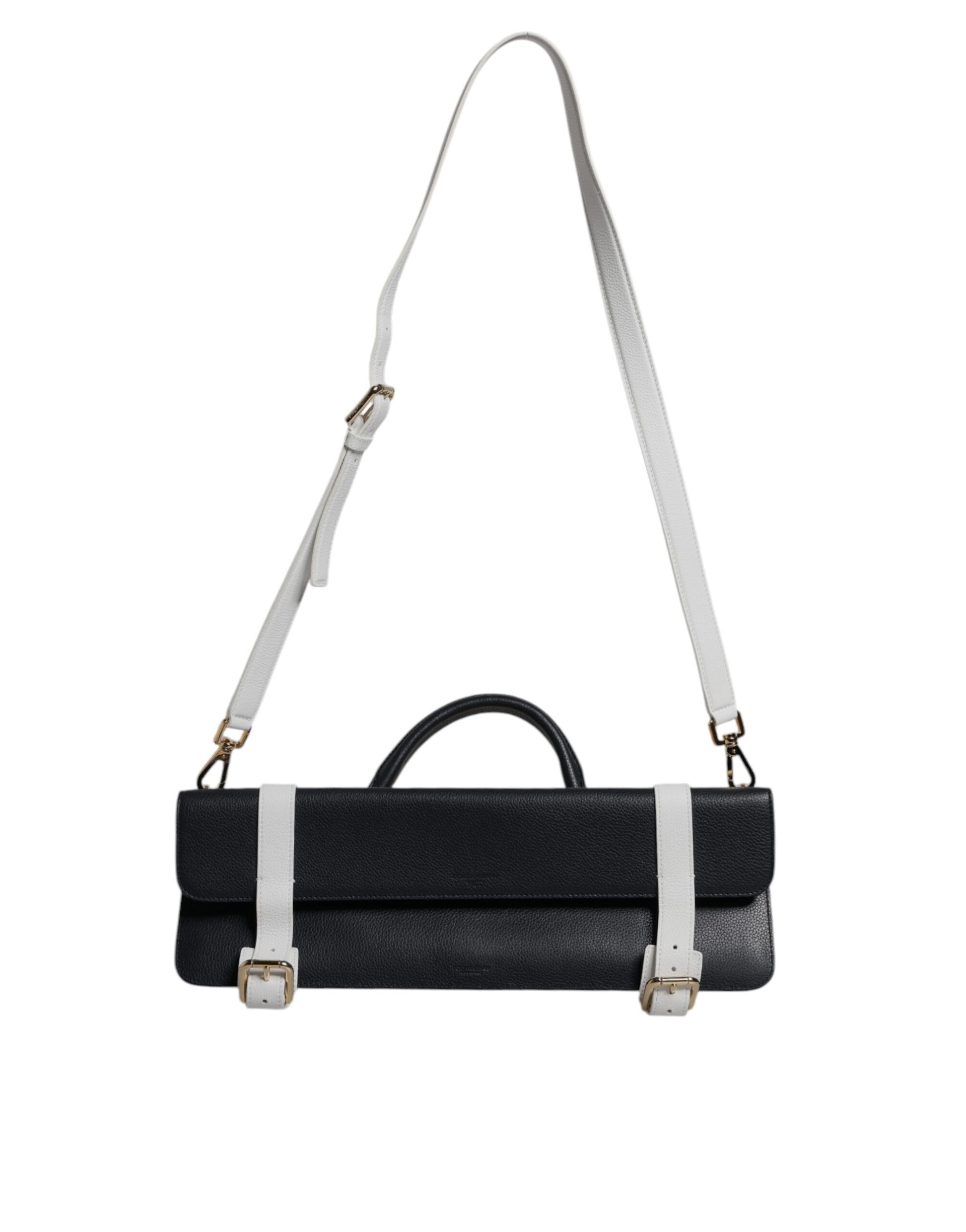 Sac bandoulière en cuir de veau bleu et blanc.