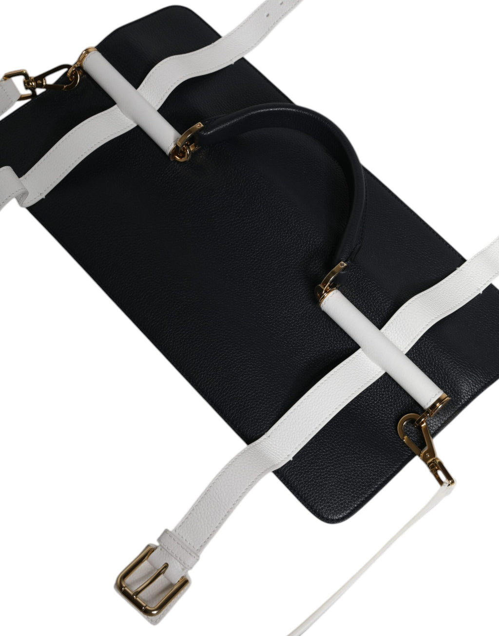 Sac bandoulière en cuir de veau bleu et blanc.